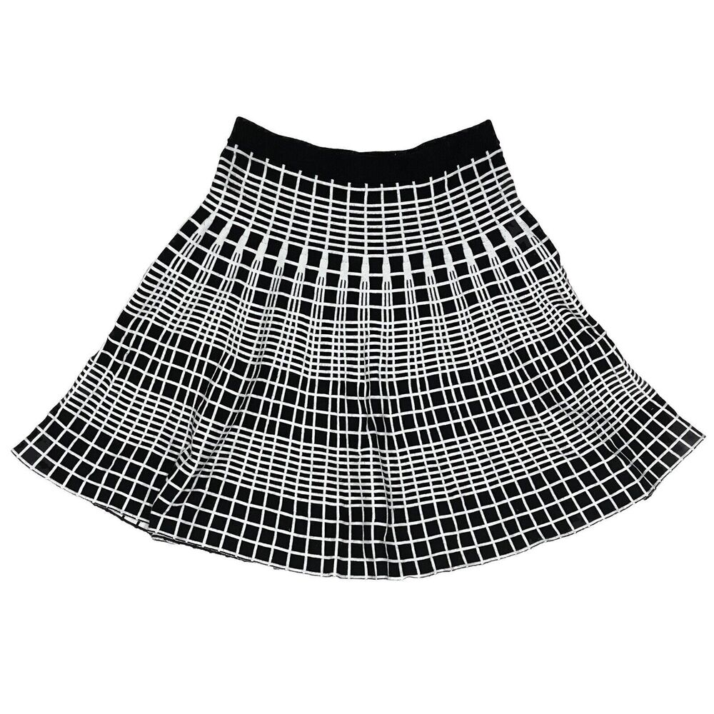 Chelsea & Theodore Black White Pleated Skater Skirt A-Line Windowpane Size Small